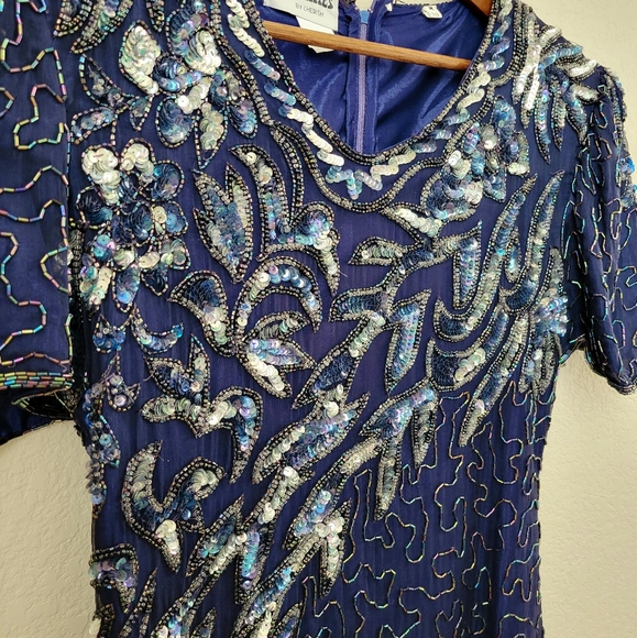 VINTAGE Beaded Sequin Royal Blue Dress - Picture 6 of 8